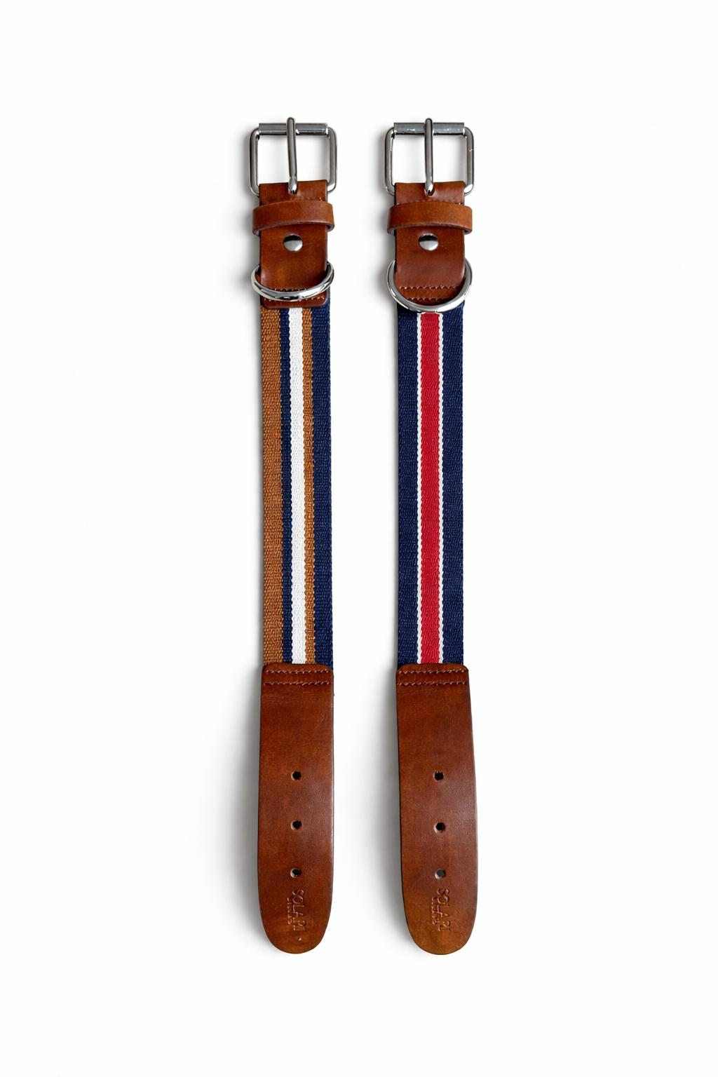 Striped vegan dog collar featuring durable acrylic, vegan leather details, and a nickel-free buckle.