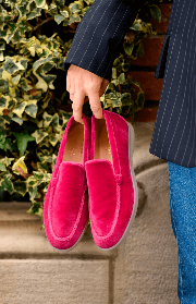 Pink vegan velvet loafer by Solari Milano, premium organic cotton velvet, sustainable footwear