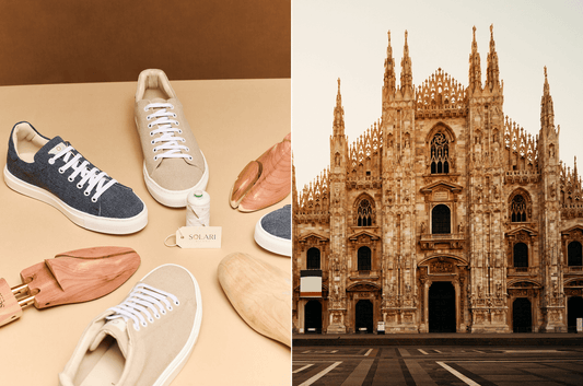 Vegan Guide to Milan with cruelty-free shoes and a view of Milan's iconic cathedral.