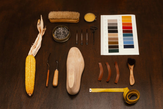What is corn leather? Materials and tools displayed for making innovative vegan products.