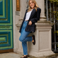 Benni wearing Le Orsine Brown vegan friulane slippers 