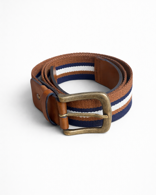Casual Vegan Belt - Magenta with a stylish design featuring brown and navy stripes and a metal buckle.