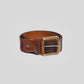 Sustainable vegan belt mascagni brown and blue striped made out sustainable materials such as a nickle-free buckle and vegan leather handmade in Italy.