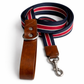 Vegan dog leash handmade featuring durable acrylic and refined vegan leather detail in navy and red colors.