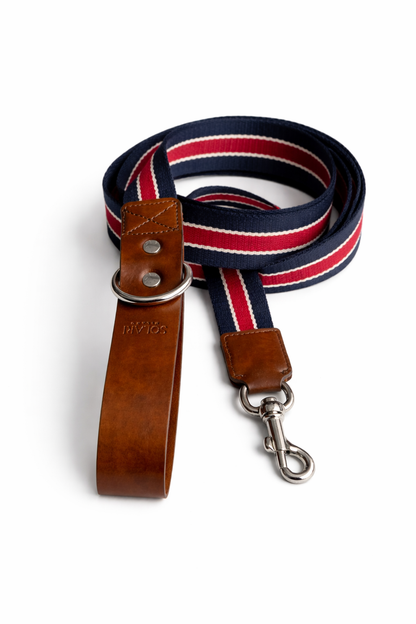 Vegan dog leash by Solari Milano, navy and red colorway, durable acrylic and vegan leather, made in Italy